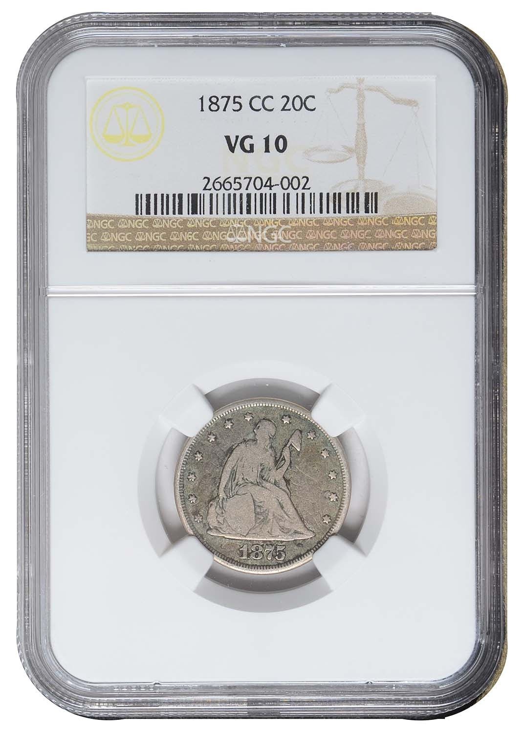 RARE 1875 CC CARSON CITY SEATED LIBERTY NGC VG10 20 CENTS SILVER COIN ~LOW MINT!