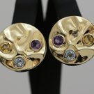 UNIQUE 14K YELLOW GOLD CITRINE AQUAMARINE AMETHYST LARGE ROUND ESTATE EARRINGS