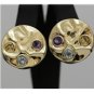 UNIQUE 14K YELLOW GOLD CITRINE AQUAMARINE AMETHYST LARGE ROUND ESTATE EARRINGS