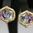 BEAUTIFUL 14K YELLOW GOLD DIAMOND AQUAMARINE AMETHYST ESTATE EARRINGS 13.6 GRAMS