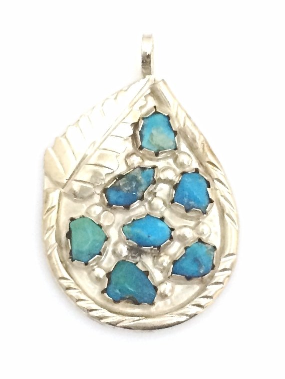 VINTAGE LEAFY STERLING SILVER & TURQUOISE ZUNI ART PENDANT SIGNED ANGIE C