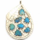 VINTAGE LEAFY STERLING SILVER & TURQUOISE ZUNI ART PENDANT SIGNED ANGIE C