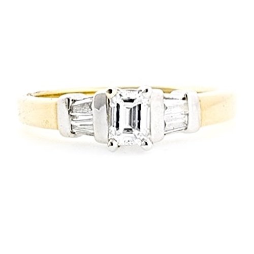 STUUNING 14K TWO TONE GOLD EMERALD CUT DIAMOND ENGAGEMENT RING ~.60 TCW ~ F/SI1