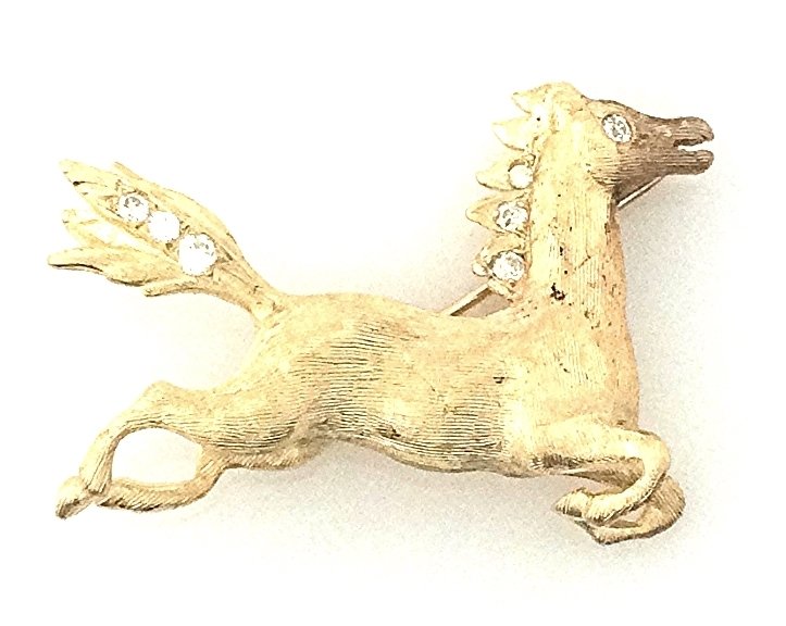 SOLID & HEAVY 14K YELLOW GOLD DIAMOND DETAILED HORSE RACING ESTATE PIN ~FREE S&H