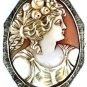 ANTIQUE 10K WHITE GOLD LADY & ROSES CARVED CORAL CAMEO BROOCH ~ GORGEOUS DETAIL