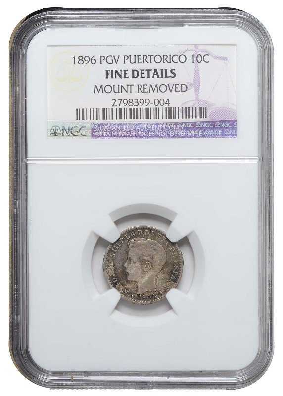 1896 PGV PUERTO RICO 10 CENT SILVER COIN KM#21 NGC FINE DET LOW MINT 1 YEAR TYPE