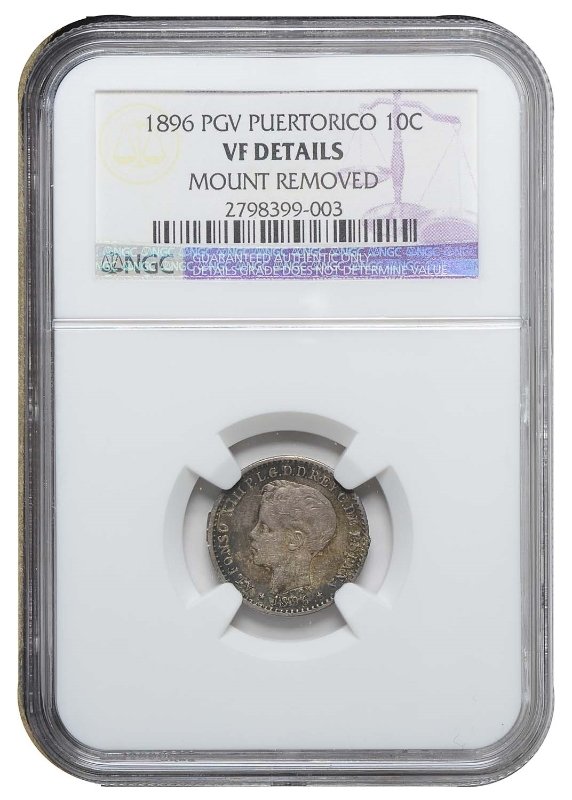 1896 PGV PUERTO RICO 10 CENT SILVER COIN KM#21 NGC VF DETAILS ONE YEAR TYPE COIN