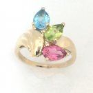 UNIQUE 10K SOLID YELLOW GOLD SYNTHETIC PINK TOURMALINE PERIDOT & BLUE TOPAZ RING