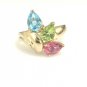 UNIQUE 10K SOLID YELLOW GOLD SYNTHETIC PINK TOURMALINE PERIDOT & BLUE TOPAZ RING