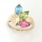 UNIQUE 10K SOLID YELLOW GOLD SYNTHETIC PINK TOURMALINE PERIDOT & BLUE TOPAZ RING
