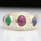 STUNNING 14K YELLOW GOLD 2.75 TCW RUBY EMERALD SAPPHIRE DIAMOND PAVE ESTATE RING