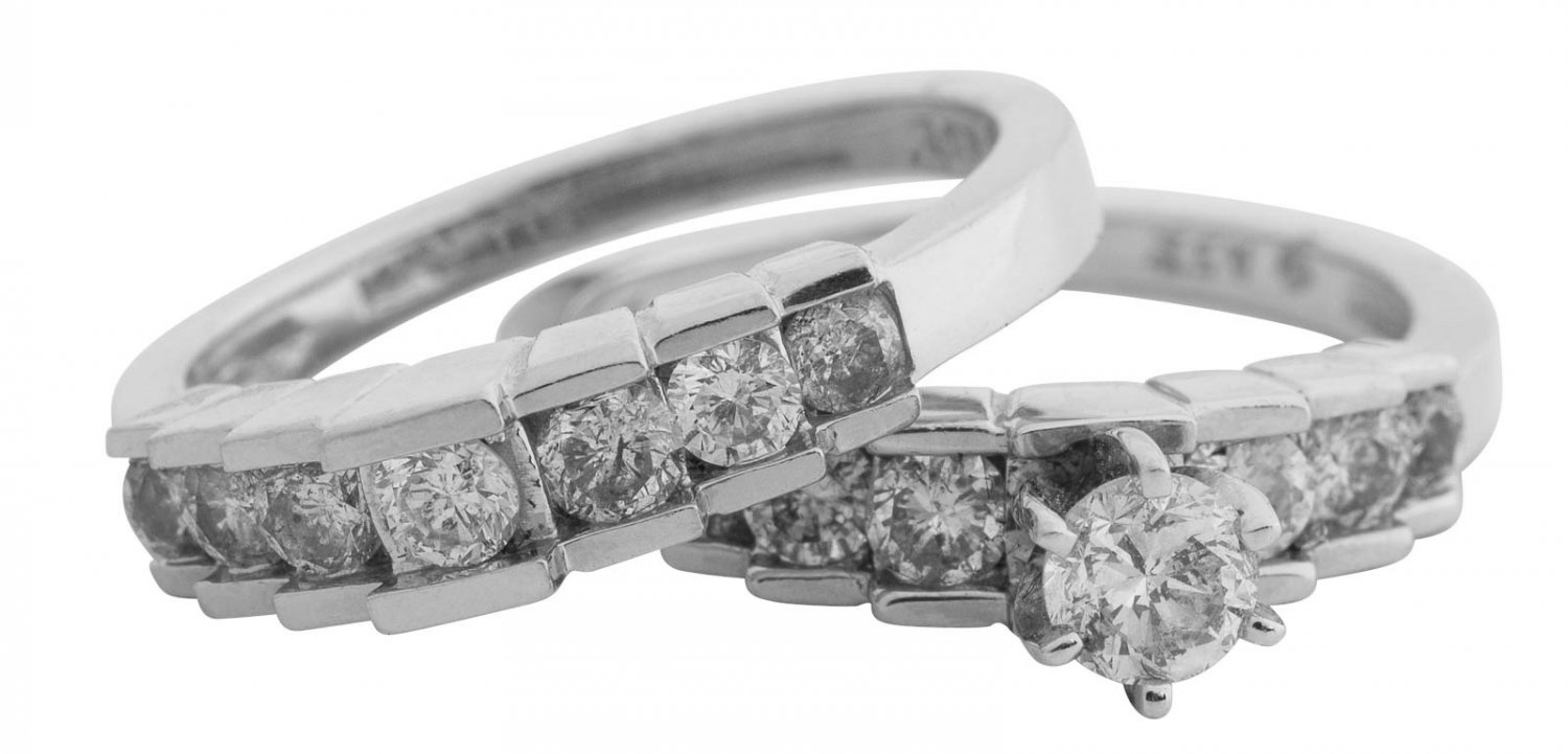 14K GOLD PYRAMID STEP DESIGN 1.25 CARAT DIAMOND ENGAGEMENT & WEDDING RING SET
