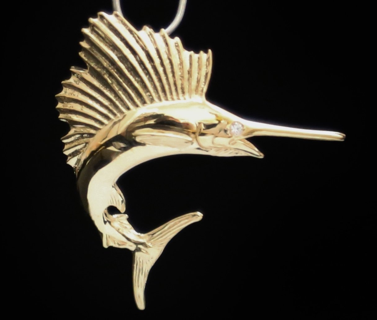 UNIQUE 14K SOLID YELLOW GOLD & DIAMOND SAILFISH 3D PENDANT ~LARGE & HEAVY 9.8GR
