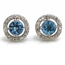 14K WHITE GOLD 1.30CT ROUND BLUE TOPAZ & DIAMOND HALO STUD EARRINGS STUNNING!