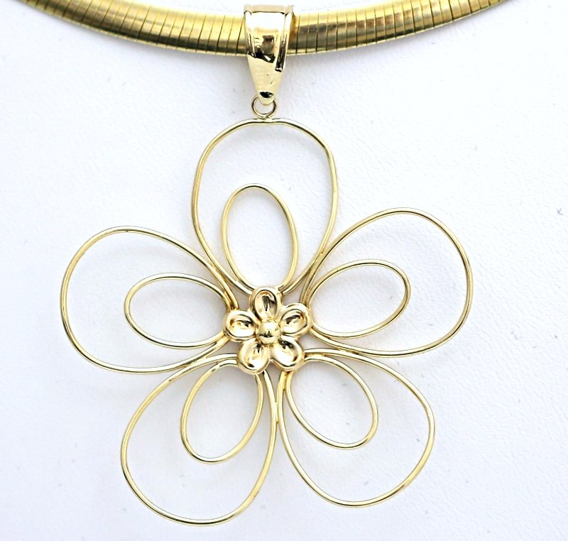 UNIQUE 14K SOLID YELLOW GOLD WIRE FLOWER PENDANT NECKLACE ENHANCER