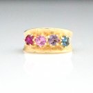 UNIQUE 14K YELLOW GOLD RUBY TOURMALINE ALEXANDRITE TOPAZ STONES WIDE BAND RING