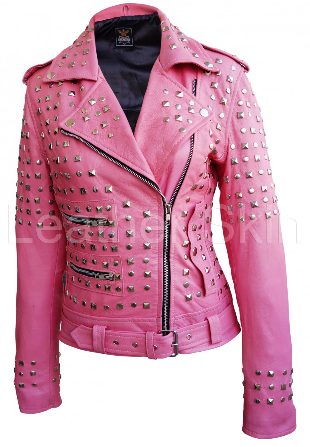 Women Pink Spike Studded Studs Leather Jacket