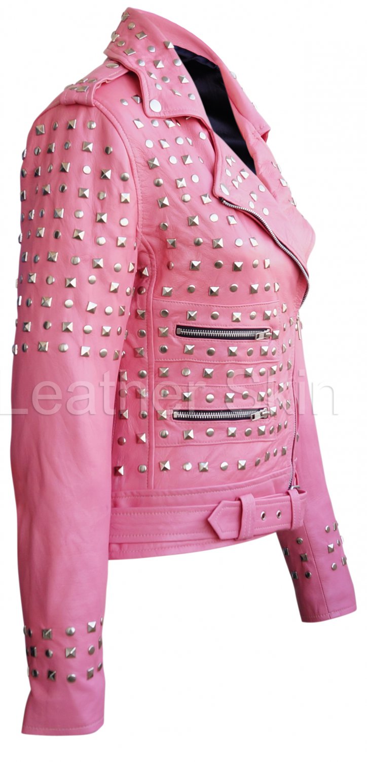 Women Pink Spike Studded Studs Leather Jacket
