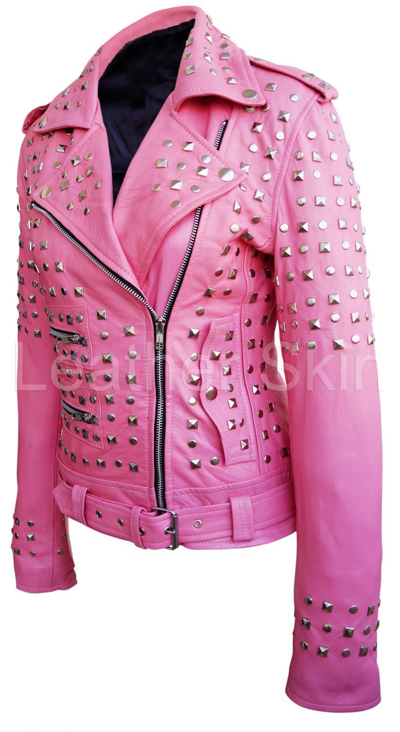 Women Pink Spike Studded Studs Leather Jacket