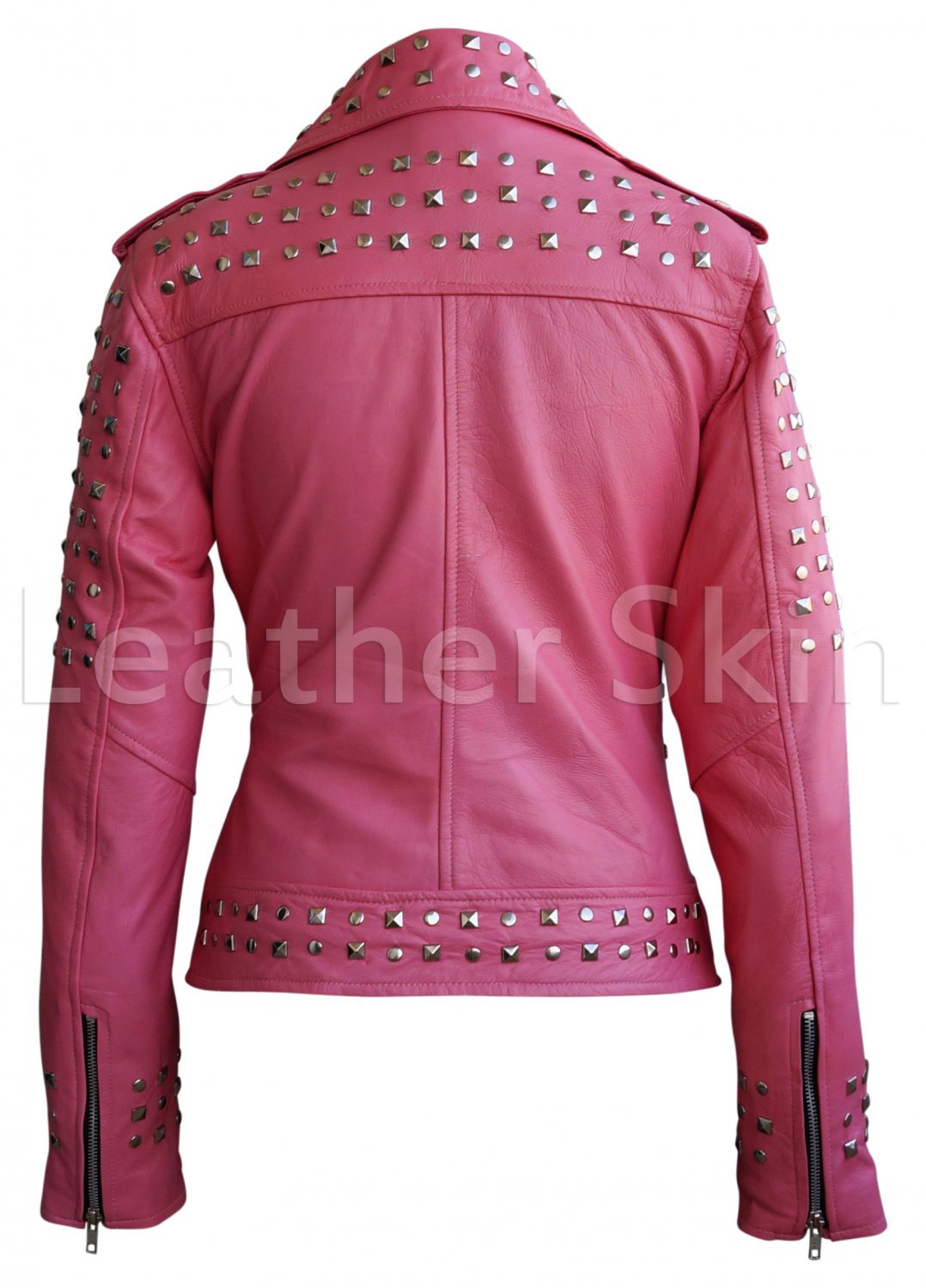 Women Pink Spike Studded Studs Leather Jacket
