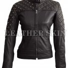 Women Black Quilted Gold Studs Genuine Leather Jacket