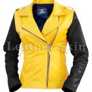 Women Yellow Black Sleeves Quilted Leather Jacket
