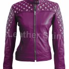Women Purple Star Silver Studs Quilted Leather Jacket