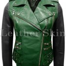 Women Green with Black Sleeves Genuine Leather Jacket