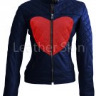 Women Love Blue Red Heart Quilted Leather Jacket
