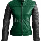 Women Green Black Sleeves Quilted Leather Jacket