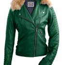 Women Green Fox Biker Genuine Leather Jacket
