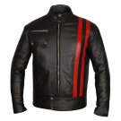 Men Red Stripes Genuine Leather Jacket Costume