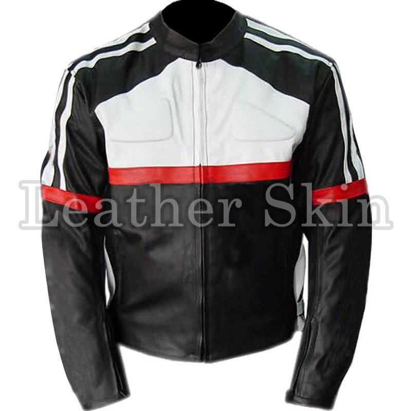 Black White Red Biker Motorcycle Leather Jacket