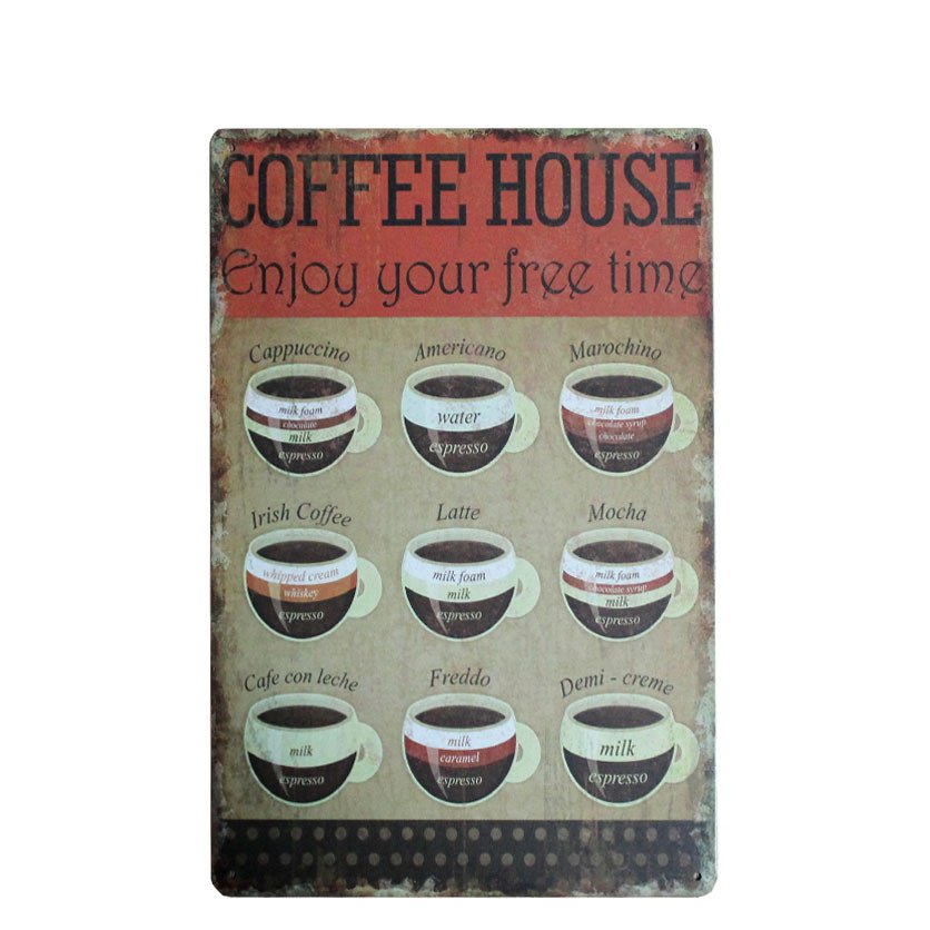 Coffees Menu Vintage Tin Signs Bar Pub Home Wall Decor Retro Cafe Decorative Pai