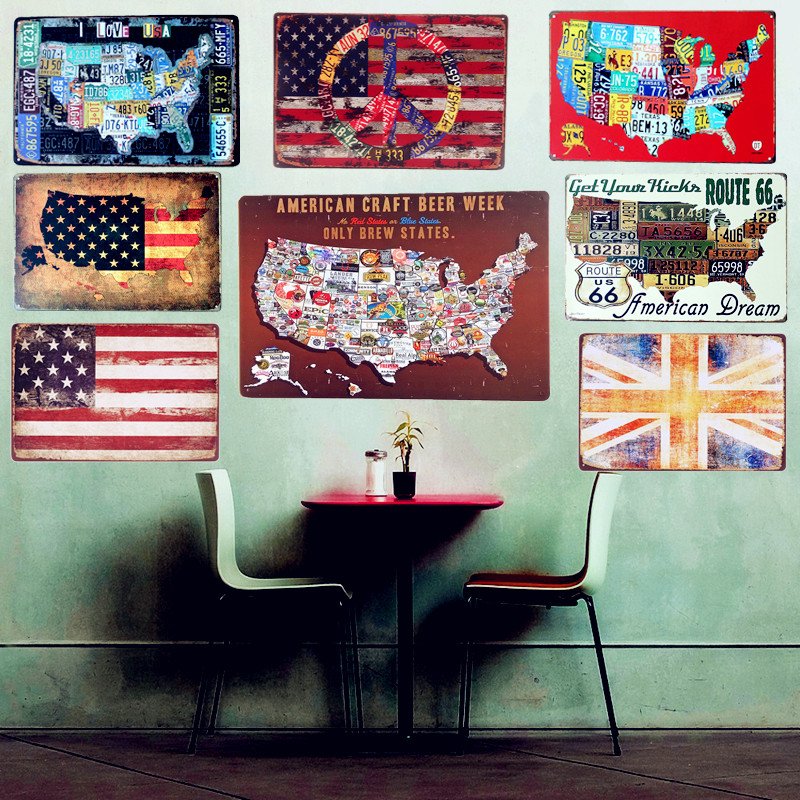 Plaque MAP Flag Vintage Metal Tin Signs Wall Art Plates For Pub Bar Home Decor R