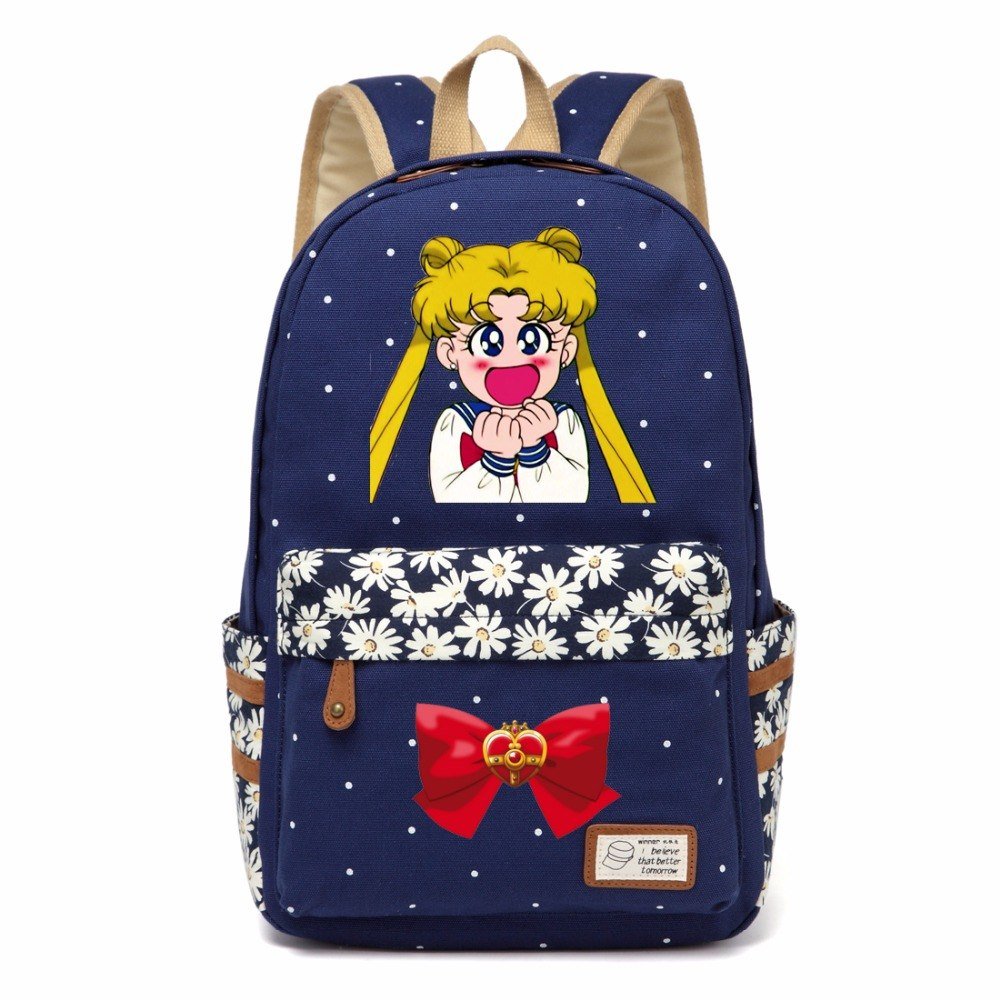 NEW Cat Backpack For Women Girls Cute Cat Sailor Moon Canvas bag Flowers wave