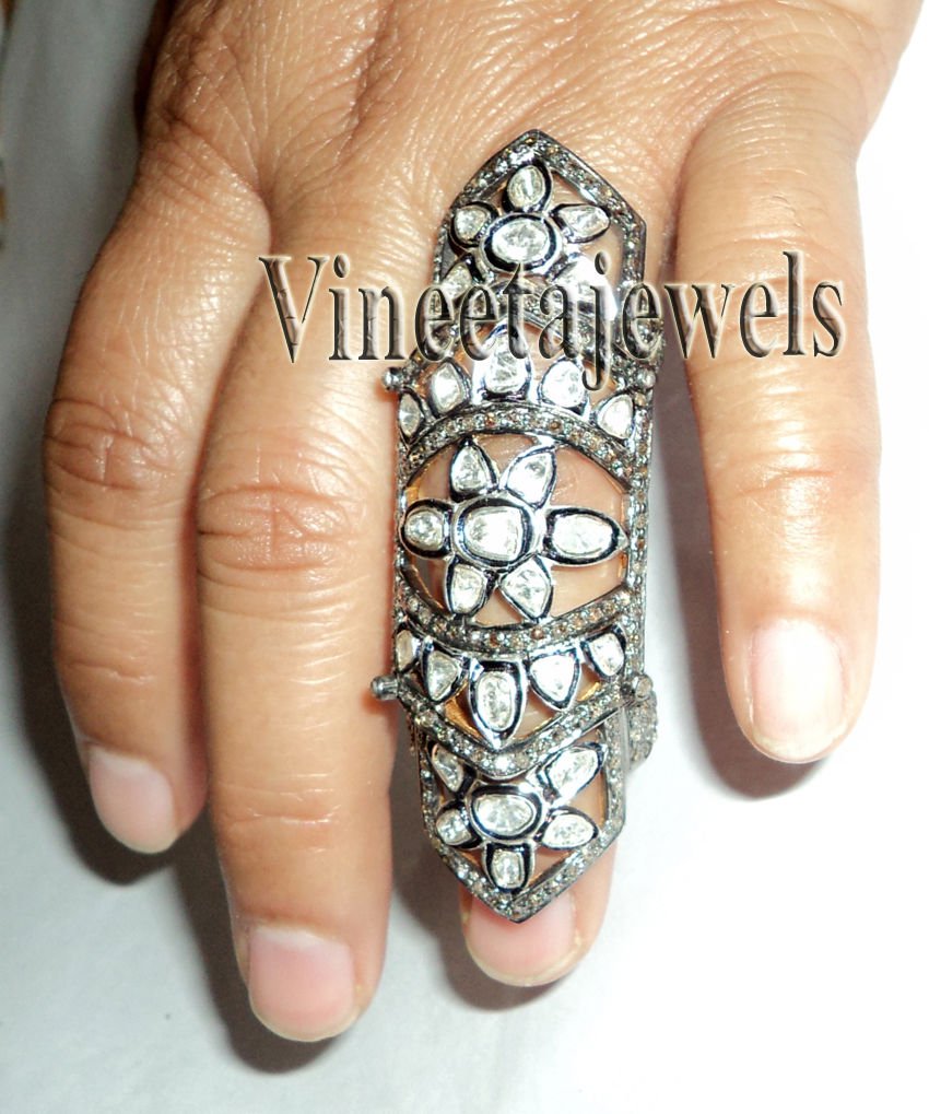 Polki Diamond Knuckle Ring Vintage Repro. Silver Rose Cut Diamond Jewelry