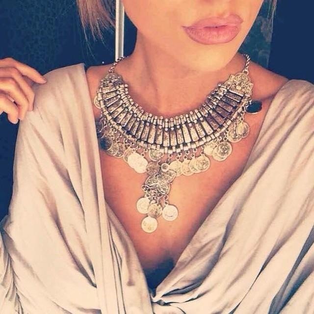 Bohemian Vintage Chunky Maxi Statement Necklaces for Women Exaggerated Silver Coin Choker