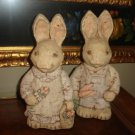 BN-38   VINTAGE SET/2 10" SARAHS ATTIC LARGE BUNNY RABBIT FIGURINES HEART LOGO