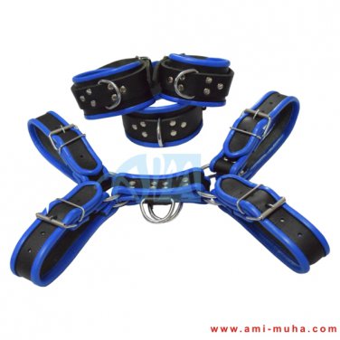 Men's Genuine Leather Body Chest Harness With Blue Inning & Restraints Set