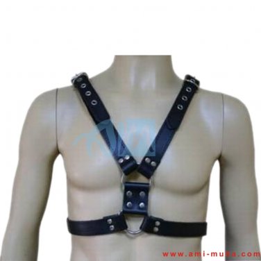 Men's Genuine Black Leather Body Chest Harness Fully Adjustable