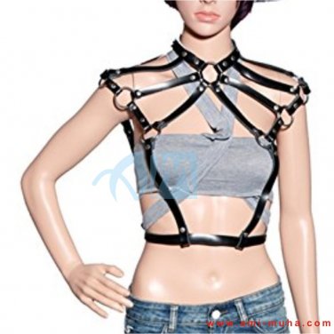 Ladies Leather Belt Around Neck Harness Corss Body Punk Strap With Adjustable Buckies