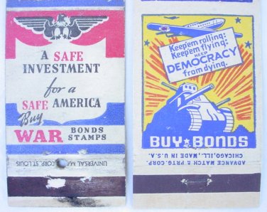 2 VINTAGE WWII WAR BONDS MATCH COVERS FOR SAFETY & KEEP EM ROLLIN FLYING