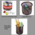 Lot of 3 NEW Office Items Binder Clips Pen Holder Large Mesh Black Cup