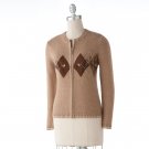 Womens Embroidered Cardigan Sweater by Croft Barrow Tan Argyle Size PL Petite Large NEW
