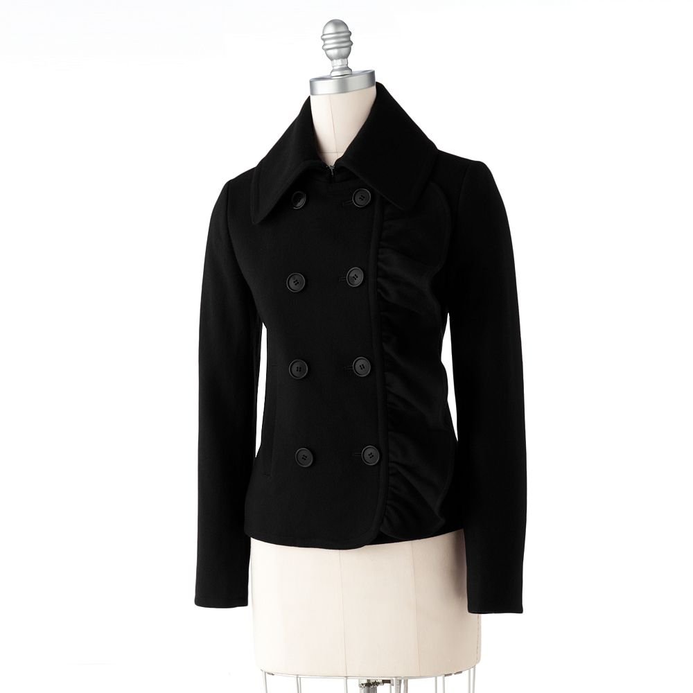 NEW Black Womens Wool PeaCoat Jacket Coat Chaps Medium Ruffle $200