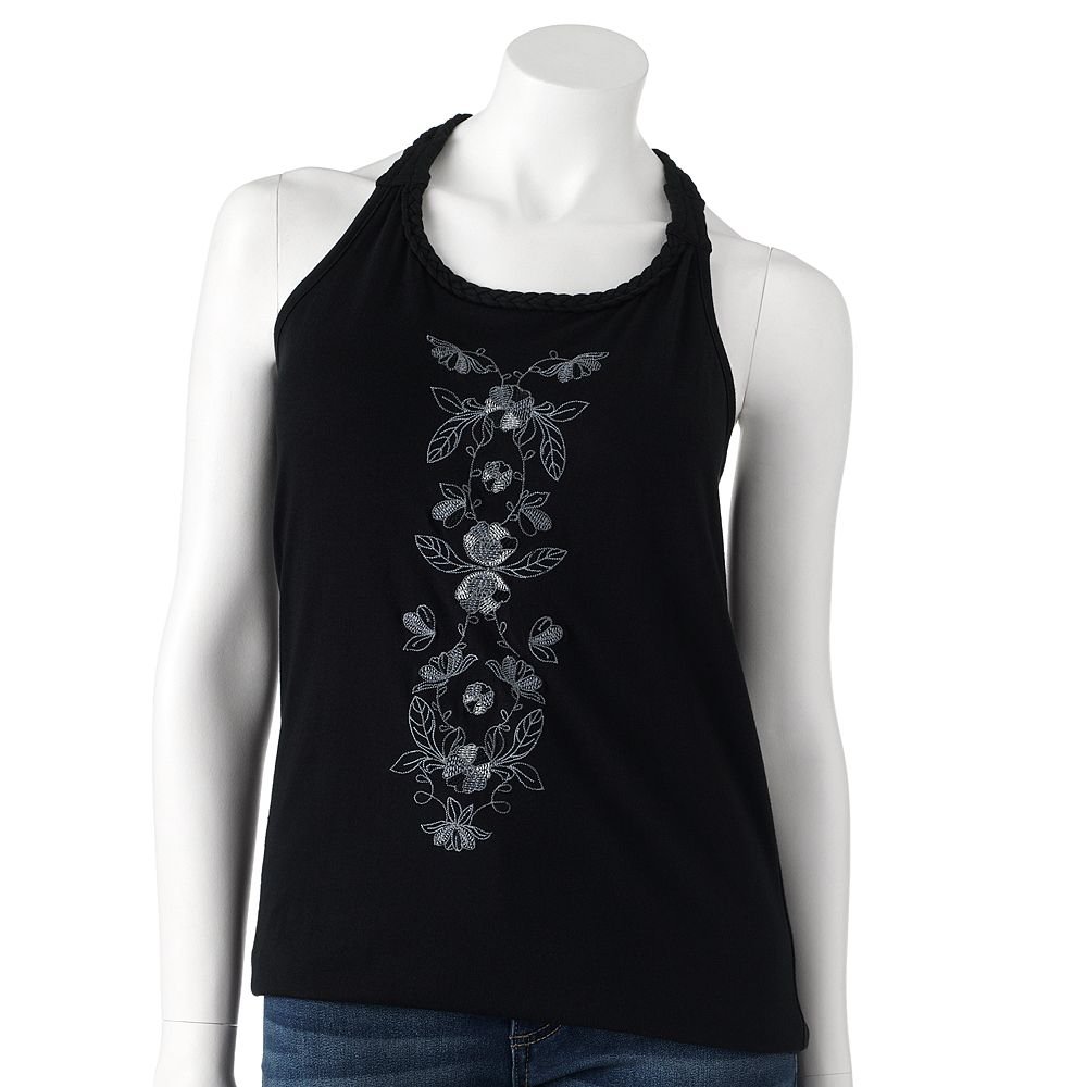 Juniors Teens Floral Embroidered Braided Black Tank Top Shirt by SO Sz Extra Large XL $20.00 NEW