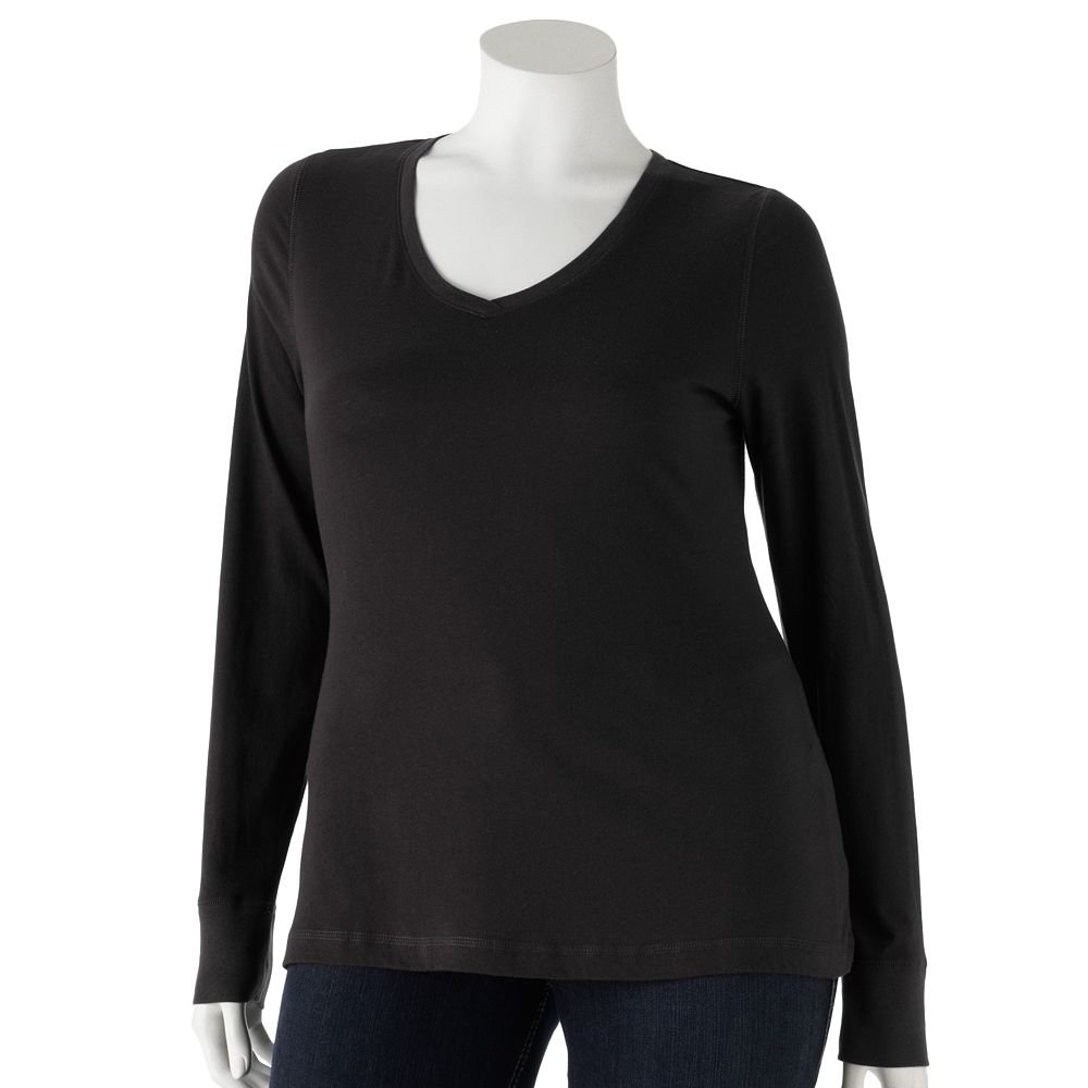 Juniors Womens Plus 1X Solid Black VNeck V Neck Tee Shirt Top NEW