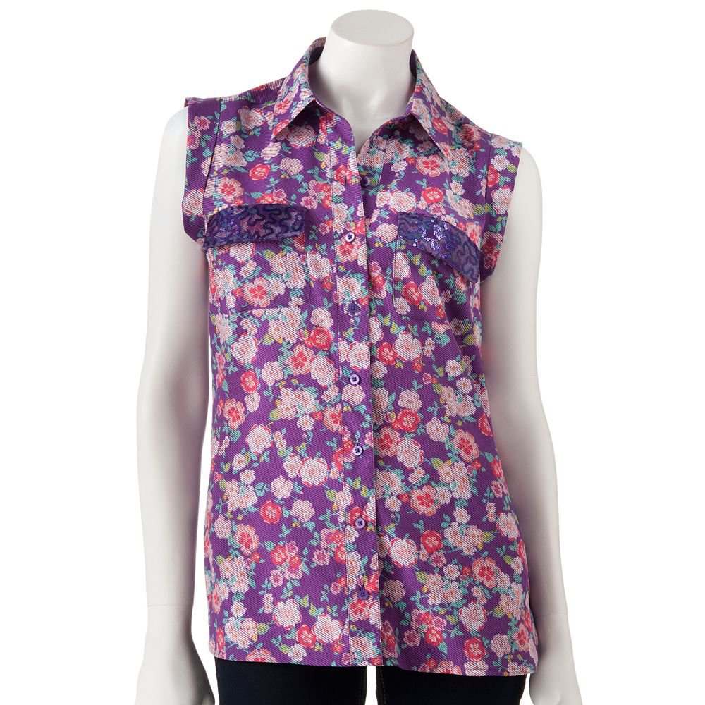 Juniors Womens Floral Cuffed Sequin Sleeveless Top Shirt by Candies Sz ...