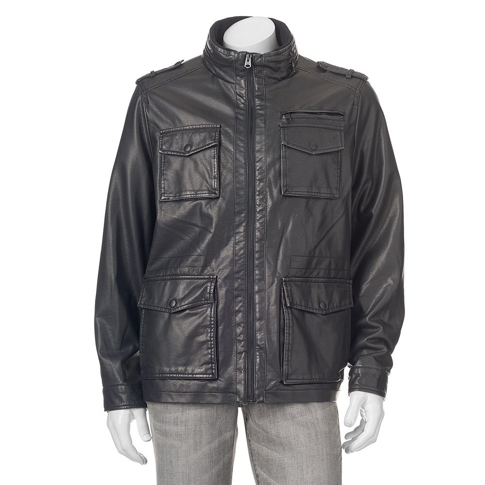 Men's Dockers FauxLeather 4Pocket Hooded Military Jacket Coat Black